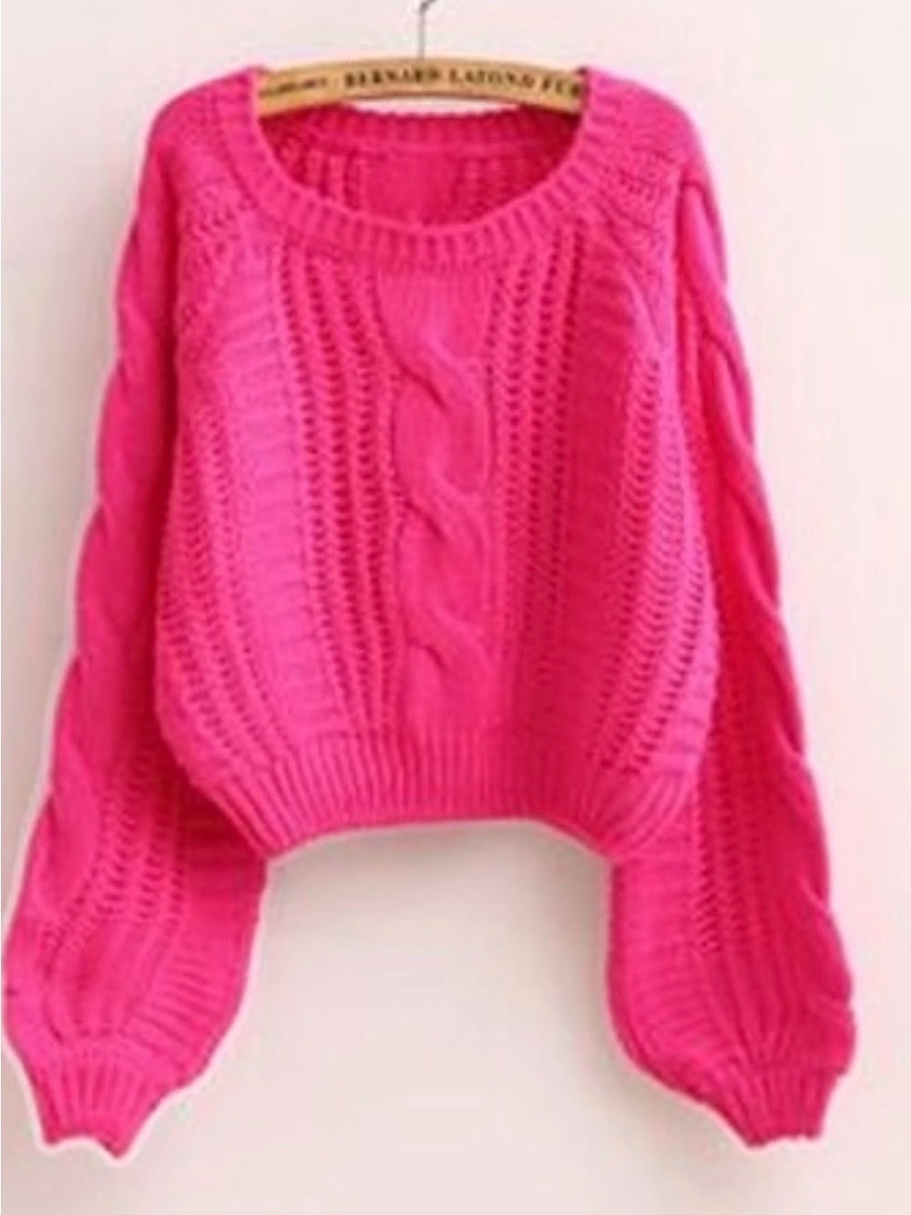 Fuschia pink Cable Knit Scoop-Neck Sweater with bell cuff sleeves